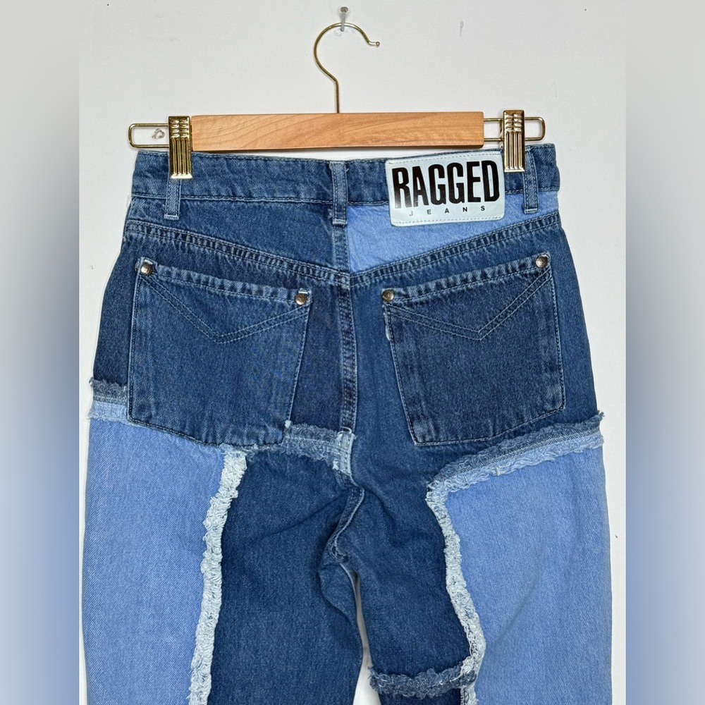 The Ragged Priest high waisted mom jeans in multi blue patchwork denim